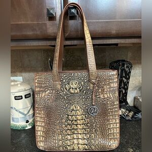Raviani Croc-Embossed Tote in Tan and Brown